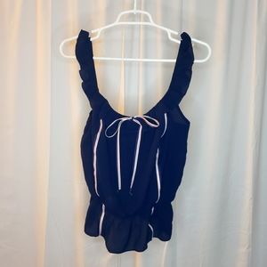 Papaya, women's top, size Medium. Navy blue, ribbons. 100% polyester.